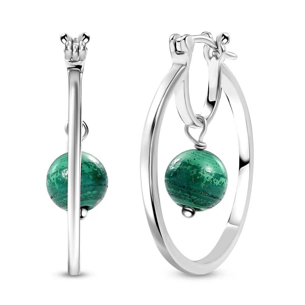 African Green Malachite Hoop Earrings in Silvertone
